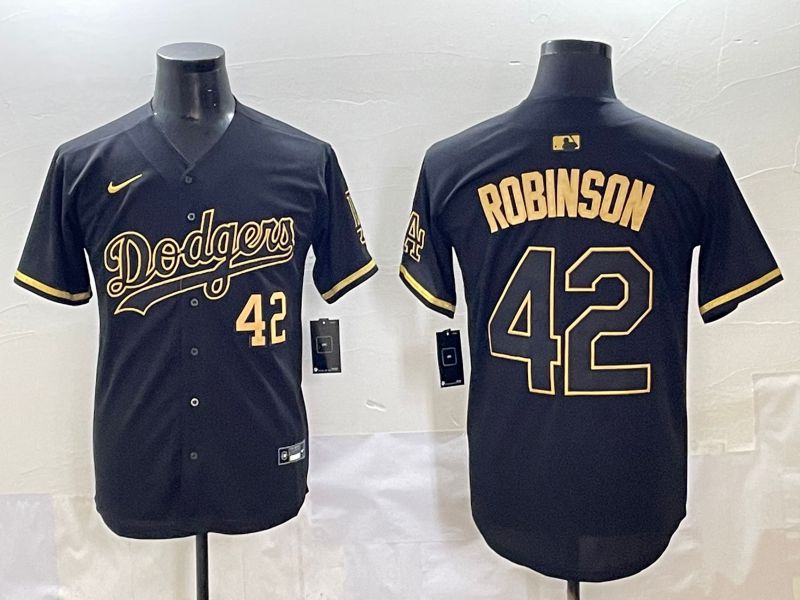 Men 2025 Los Angeles Dodgers 42 Robinson Black Gold Five generations Nike MLB Jersey style 1